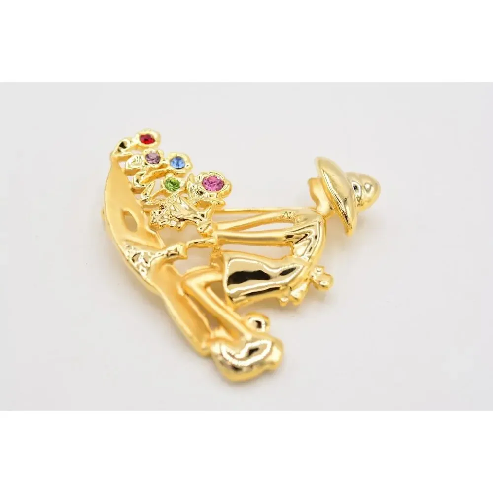 Vintage Flower Garden Pin Brooch Figural Floral Crystal Gold NOS 1980s BinA9